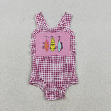 Matching Baby girls boys fish checkered romper outfits embroidery