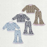 Matching Baby girls camo long sleeve ruffle bell pant mock neck outfits