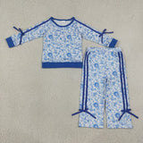 Matching girls flowe long sleeves pants bow clothing