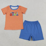 Matching Baby boys tool orange stripe short sleeves romper outfits embroidery