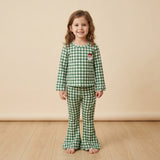 GLP3589 baby girls Christmas Santa green plaid long sleeves pant scalloped outfits embroidery
