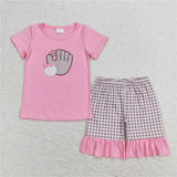 Matching  Baby boys girls baseball blue pink short sleeve checkered shorts outfits embroidery