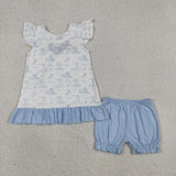 GSSO3061 girls puppy flying sleeve blue shorts outfits