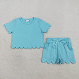 Matching Baby girls solid short sleeve scalloped shorts outfits