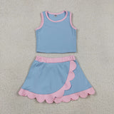 GSD4014 baby girls blue purple sleeveless scalloped skirt Outfits yoga