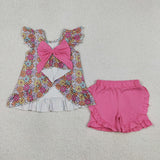 GSSO3353 girls flower flying sleeve pink bow shorts outfits