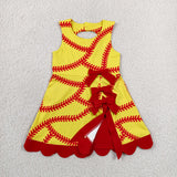 GSD3834 girl softball red yellow bow sleeveless scalloped dress yoga