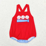 Matching  Baby boys girls baseball red blue checkered romper summer outfits embroidery