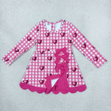 GLD1750 girls Valentine love pink plaid long sleeve bow dress yoga