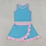 GSD4013 baby girls green blue sleeveless scalloped skirt Outfits yoga