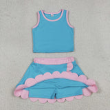 GSD4013 baby girls green blue sleeveless scalloped skirt Outfits yoga