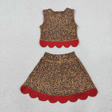 GSD4234 girls leopard red bow sleeveless scalloped skirt outfits yoga