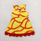GSD3834 girl softball red yellow bow sleeveless scalloped dress yoga