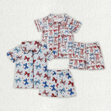 Matching Girls July Fourth bow button short sleeve pajamas