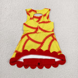 GSD3834 girl softball red yellow bow sleeveless scalloped dress yoga