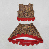 GSD4234 girls leopard red bow sleeveless scalloped skirt outfits yoga