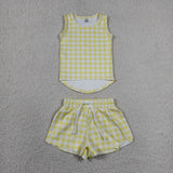 GSSO3475 girls yellow checkered sleeveless shorts outfits yoga