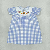 Matching Baby girls Thanksgiving turkey blue plaid long sleeve clothing smocked