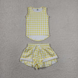 GSSO3475 girls yellow checkered sleeveless shorts outfits yoga