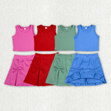 Matching Baby Girls solid sleeveless skirt bow outfits yoga