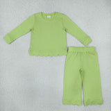 Matching Baby girls solid long sleve pant scalloped outfits cotton