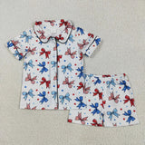 Matching Girls July Fourth bow button short sleeve pajamas
