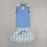 GSD3906 Girls blue scalloped sleeveless stripe flower skirt outfits yoga