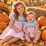 Matching girls pumpkin bow blue flying plaid clothing embroidery