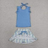 GSD3906 Girls blue scalloped sleeveless stripe flower skirt outfits yoga