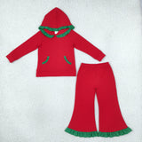 GLP3751  baby girls Christmas solid red long sleeves ruffle hooded outfits