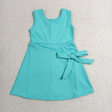 GSD3876 girls solid blue green bow sleeveless dress yoga