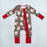 LR3302 baby Christmas Santa leopard red long sleeve zipper romper