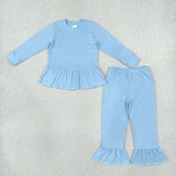 Matching  girls solid blue navy long sleeve ruffle clothing cotton