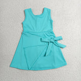 GSD3876 girls solid blue green bow sleeveless dress yoga