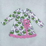 GLD1651 girls Christmas cartoon long sleeve pink bow scalloped dress