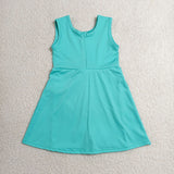 GSD3876 girls solid blue green bow sleeveless dress yoga