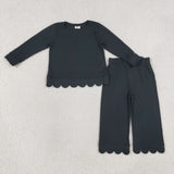 Matching Baby girls solid long sleve pant scalloped outfits cotton