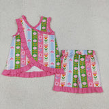 GSSO3676 girls flower sleeveless pink shorts outfits