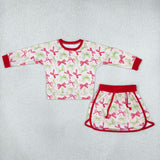GLD1774 baby girl green red bows skirt long sleeve outfits