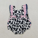 SR3898 baby girls cow pink checkered bow romper