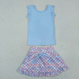 GSD3775 baby girls blue floral sleeveless Fish scales skirt Outfits yoga