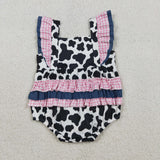 SR3898 baby girls cow pink checkered bow romper