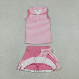 GSD3408 girls pink stripe  button sleeveless skirt outfits yoga