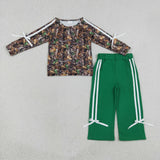GLP3358 Girls branch leaf long sleeve stripe green pant outfits