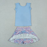 GSD3775 baby girls blue floral sleeveless Fish scales skirt Outfits yoga
