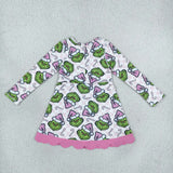 GLD1651 girls Christmas cartoon long sleeve pink bow scalloped dress
