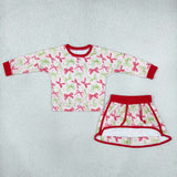GLD1774 baby girl green red bows skirt long sleeve outfits