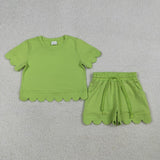 Matching Baby girls solid short sleeve scalloped shorts outfits