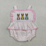 Matching Baby girls Easter bunny pink romper outfits embroidery