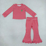GLP3590 baby girls Christmas tree red plaid long sleeves pant scalloped outfits embroidery